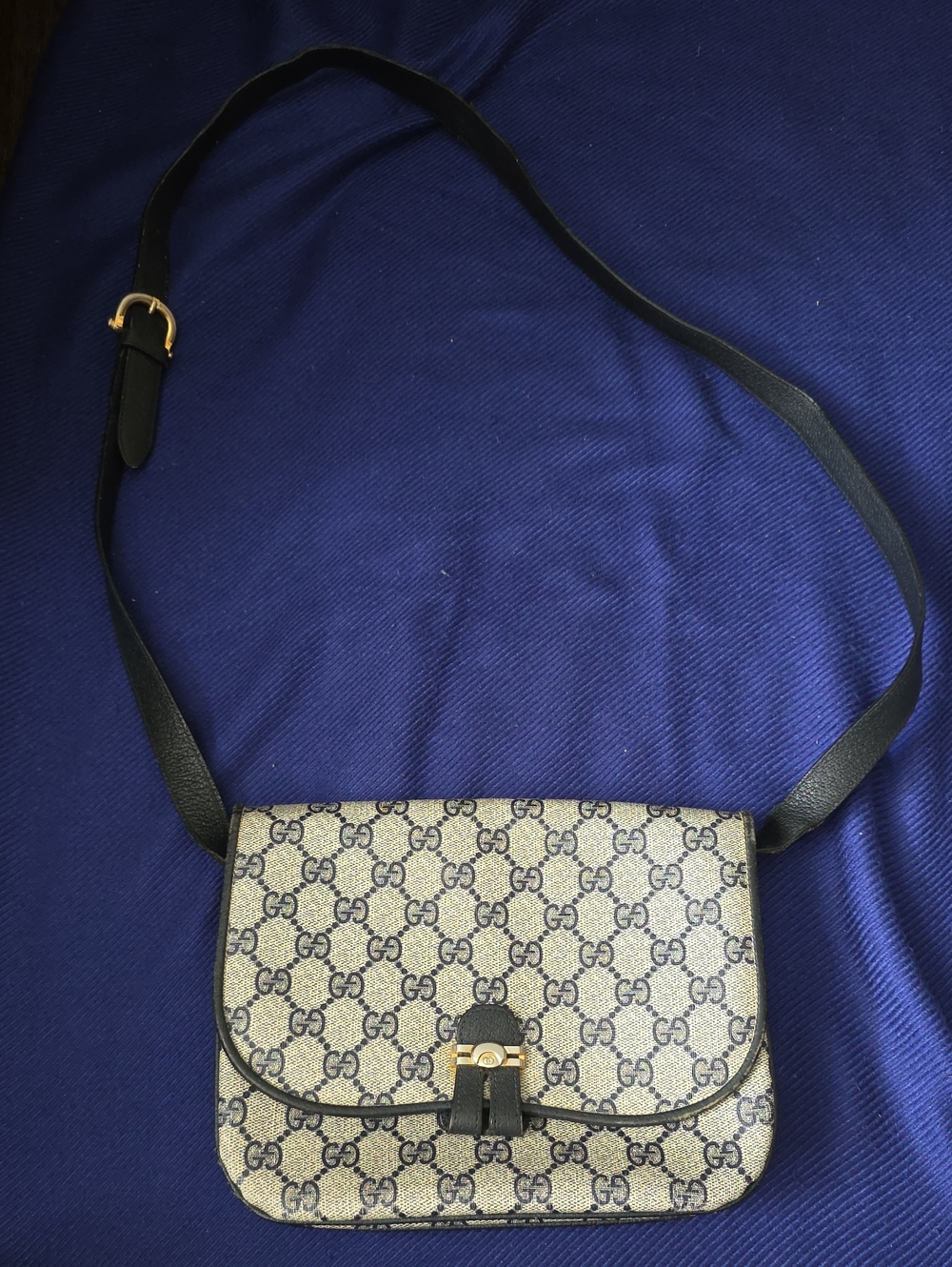 Gucci Beige and Blue GG Canvas Crossbody with Black Trim